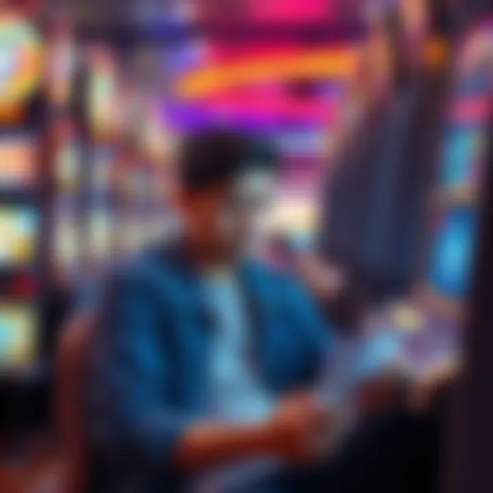 A frustrated player sits at a casino machine after an outage, looking disappointed while holding a cash refund slip and a food comp voucher.