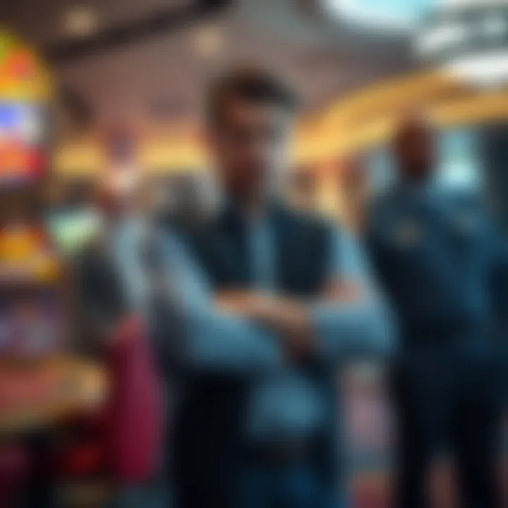 A frustrated casino player stands with arms crossed, surrounded by casino chips and a security guard nearby, indicating a conflict after a big win.