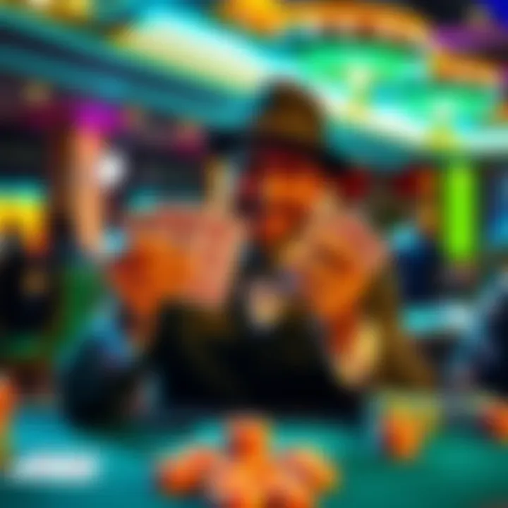 A happy casino player showing a royal flush hand and cash winnings, tipping the dealer and cage staff.