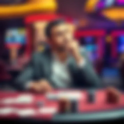 A casino player in Reno sits at a gaming table, contemplating their strategy for small wins versus high risks, with chips and cards in front of them.