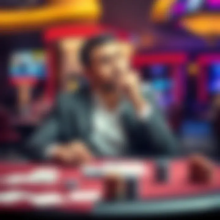 A casino player in Reno sits at a gaming table, contemplating their strategy for small wins versus high risks, with chips and cards in front of them.