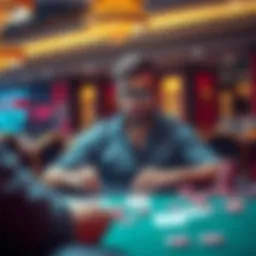 A focused casino player sitting at a table, surrounded by chips and cards, showing signs of excitement and concentration after a long gaming session.