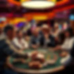 Group of casino players discussing options after being told no more blackjack, with various game tables in the background