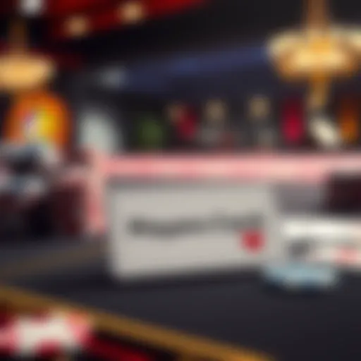 A close-up of a casino players card on a gaming table with chips and playing cards in the background