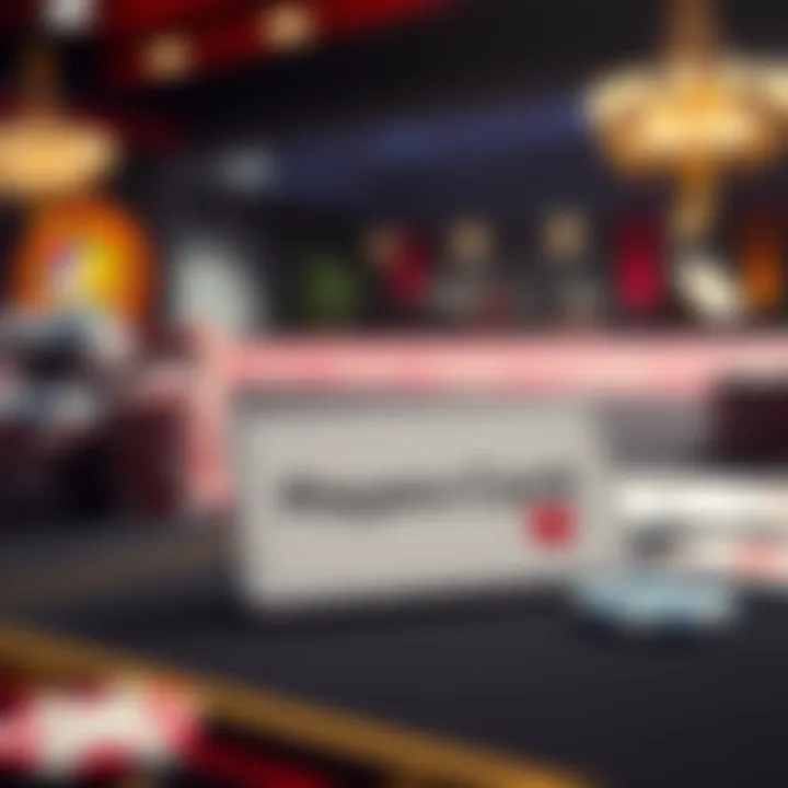 A close-up of a casino players card on a gaming table with chips and playing cards in the background