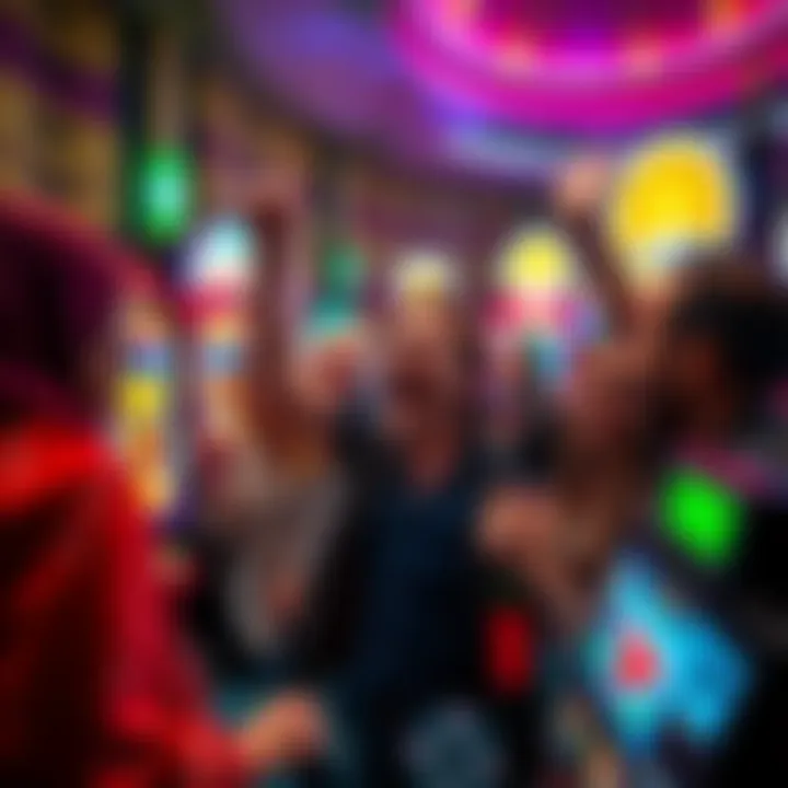 Casino scene with players excited about wins A group of gamblers celebrating big wins at a casino, with colorful slot machines in the background.