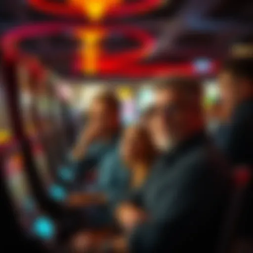 A group of casino patrons with disappointed expressions at slot machines, reflecting a negative vibe.
