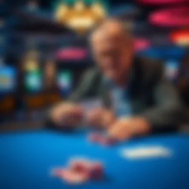 Casino Poker Player A 56-year-old person playing low-limit poker at a casino table, focused on their cards with a stack of chips in front of them, symbolizing attempts to boost retirement income.