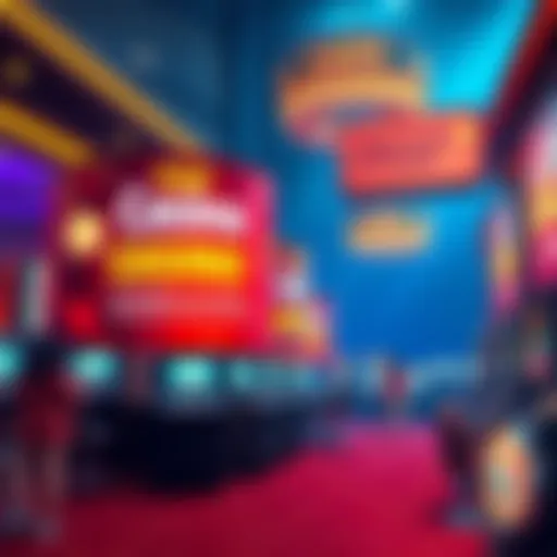 A vibrant casino scene with banners promoting top offers and free play options, including matching tiers for players.