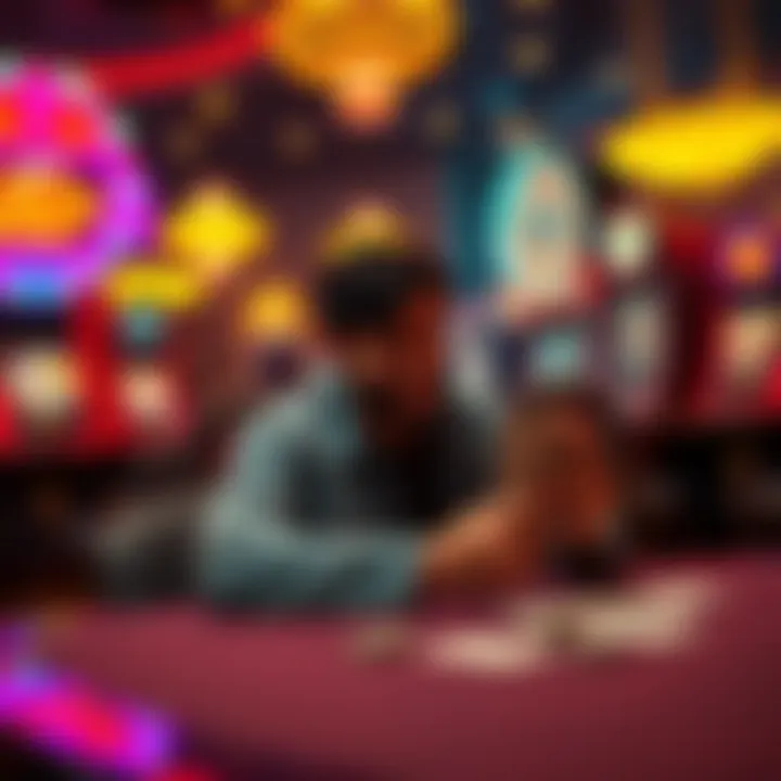 A person sits at a casino table, looking relieved after winning and counting their cash. The background shows colorful casino lights and gaming machines.