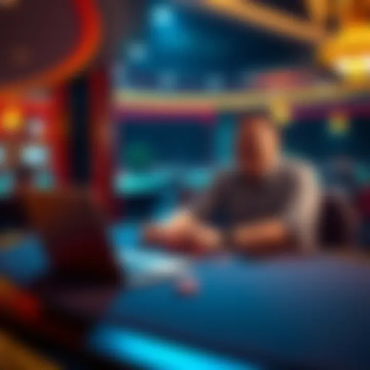 A person sitting at a casino table with chips and a laptop, looking excited about cashing out from a referral bonus