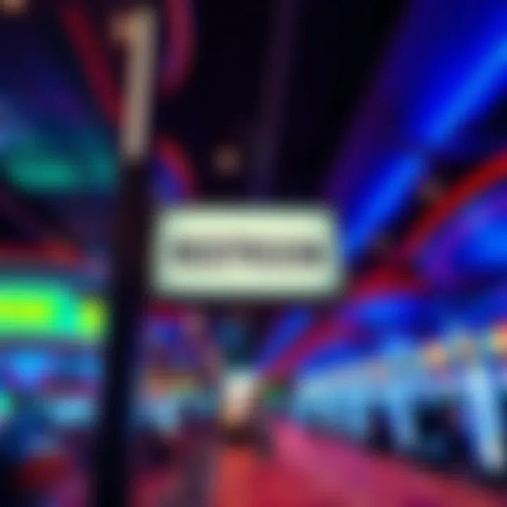 Casino Restroom Sign A restroom sign in a bustling casino, signaling nearby facilities as people pass by.