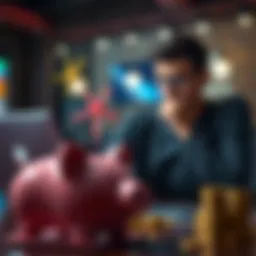 A worried person checking casino reviews online with a laptop, illustrating the importance of verifying casino operators before investing, with a piggy bank in the foreground.