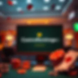 A graphic showing a computer screen displaying CasinoRankings.io with a casino theme, including poker chips and playing cards around it.