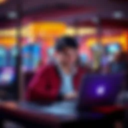 A person sits at a desk with a laptop, reading casino reviews on a website, looking thoughtful about online gambling choices.