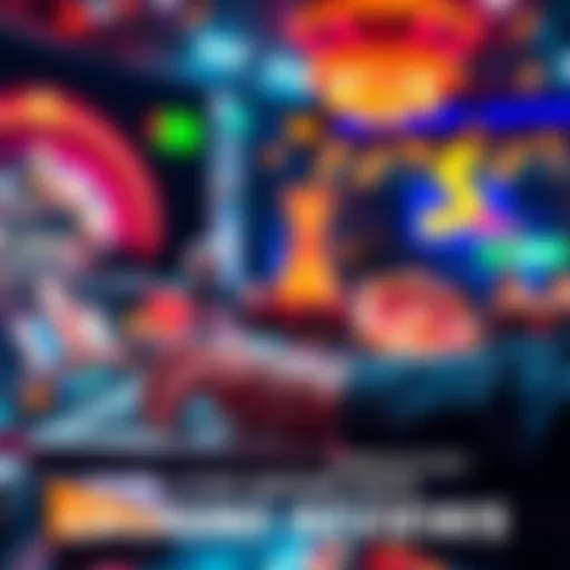A person typing on a laptop while reviewing a crypto casino, with casino graphics and dollar signs in the background