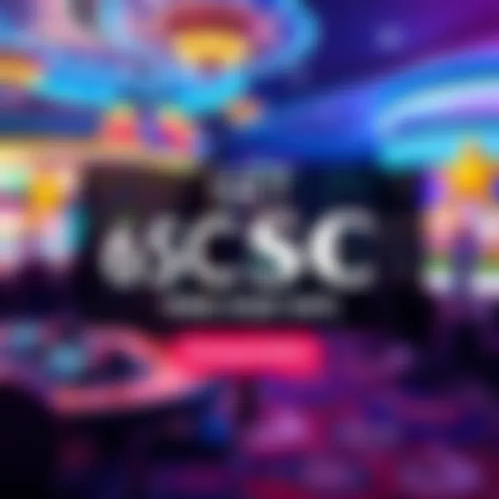 Colorful graphic showing a casino environment with text promoting free 6SC for new signups