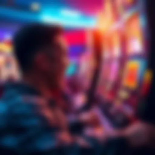 A person playing a slot machine at a local casino, showing excitement after a win with coins spilling out.