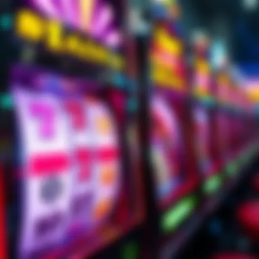 A close-up of a colorful casino slot machine displaying a bonus round feature, with bright lights and symbols spinning on the reels.