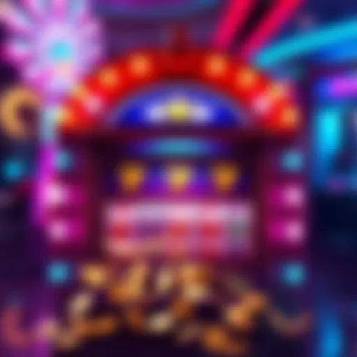 A vibrant casino slot machine displaying a jackpot win with coins spilling out and colorful lights flashing.
