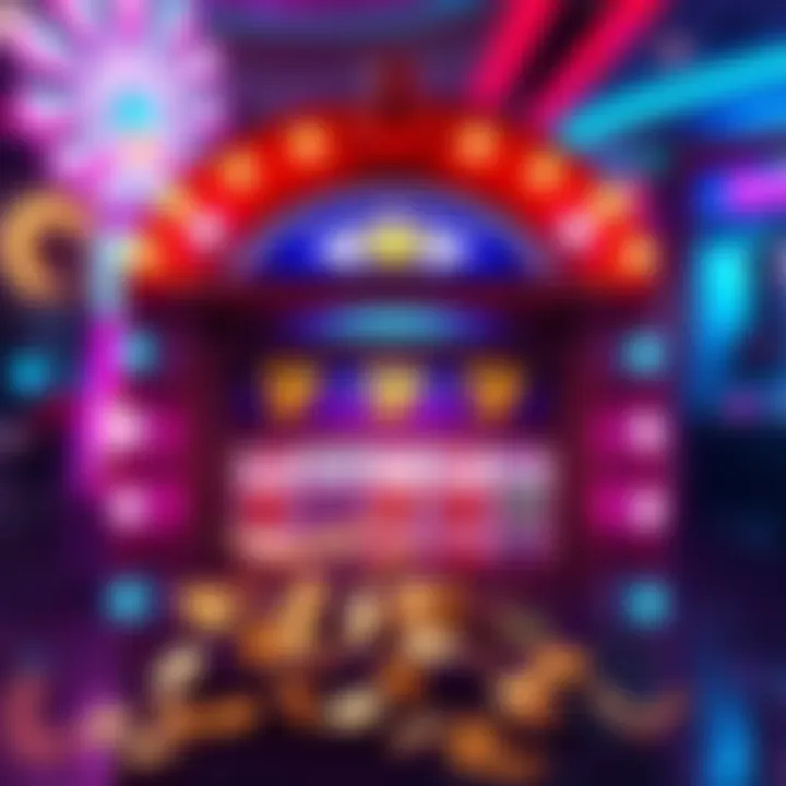 A vibrant casino slot machine displaying a jackpot win with coins spilling out and colorful lights flashing.