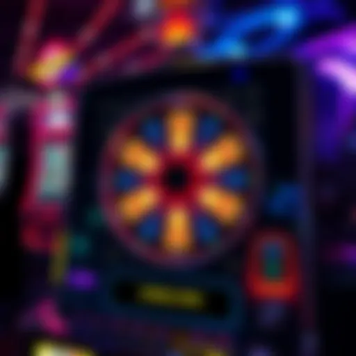 A casino slot machine showing the moment of a final spin, with vibrant lights and symbols indicating a potential jackpot win.