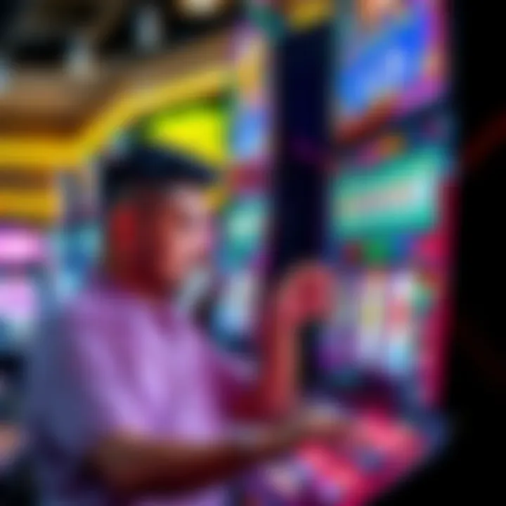 A player examining a slot machine, debating whether to switch machines after several spins and a few dollars spent.