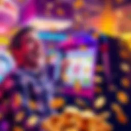 A joyful player celebrating a big win on the Huff n Puff slot machine, surrounded by colorful lights and coins spilling from the machine.