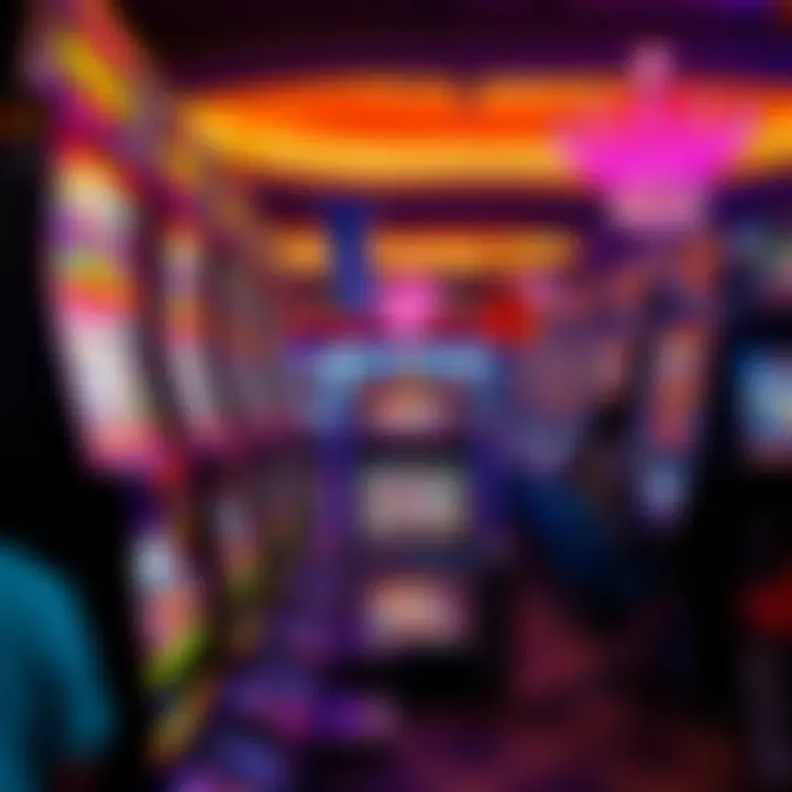 A close-up view of colorful slot machines in a casino, with bright lights and players engaging with the games.