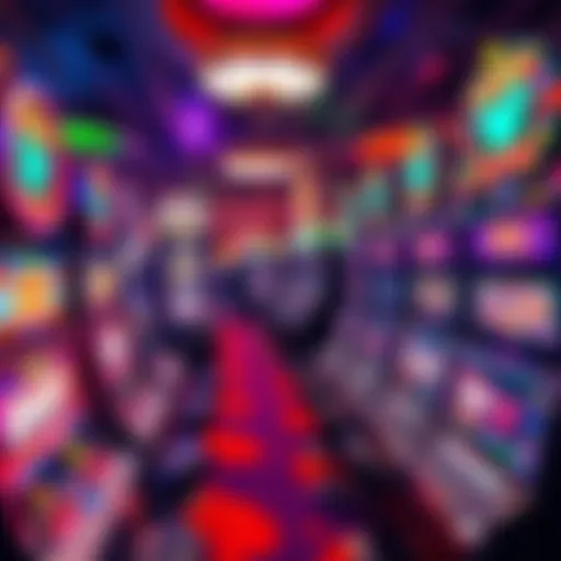 A vibrant display of slot machines inside a bustling casino, showcasing various colorful games that attract players.
