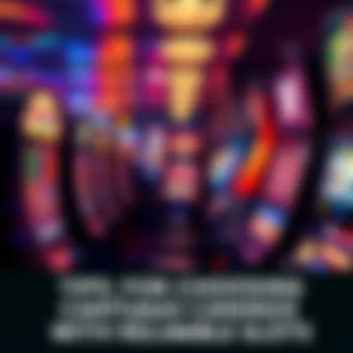 A row of bright and colorful slot machines in a casino, showing various game themes and symbols