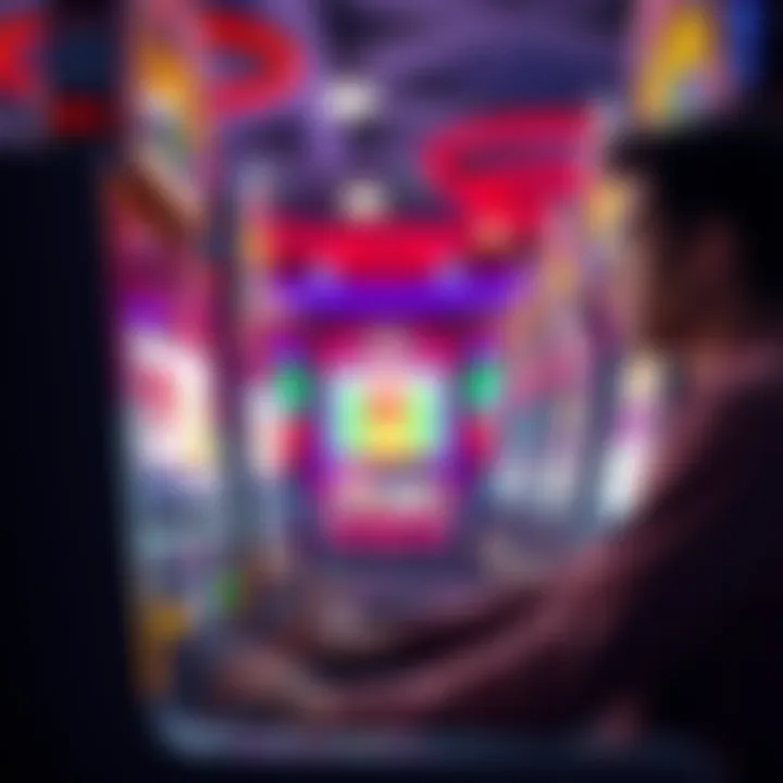A focused individual playing a slot machine with a determined expression, surrounded by casino lights and sounds