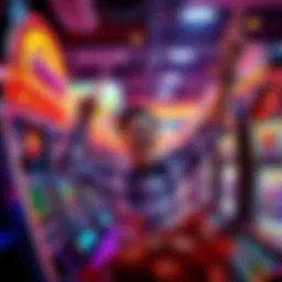 A person celebrating a big win at a slot machine with colorful lights and coins around them