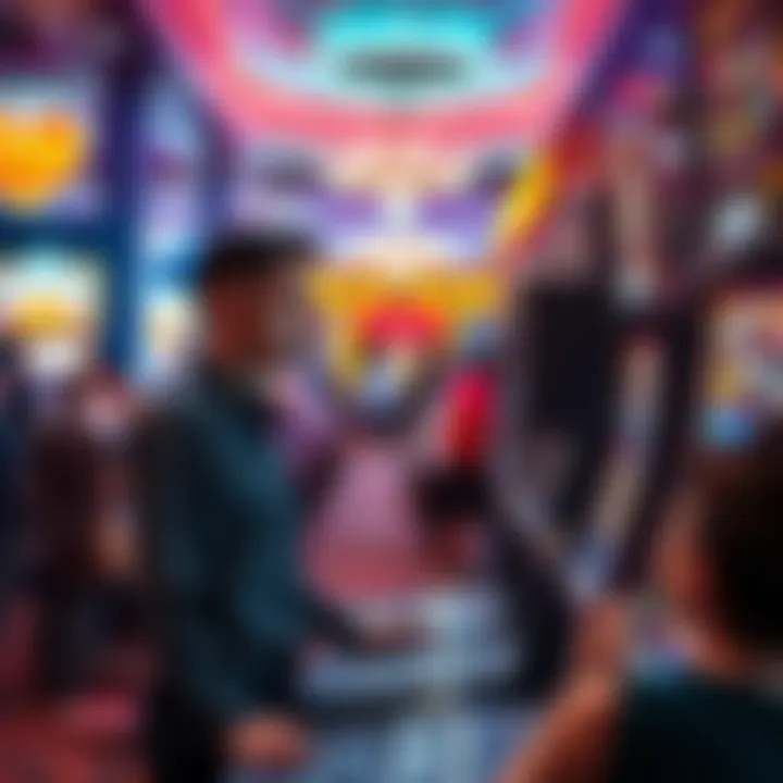 Casino staff monitoring slot machine A casino employee watching over a slot machine while a player takes a break. The scene shows the vibrant atmosphere of a casino with flashing lights and busy patrons.