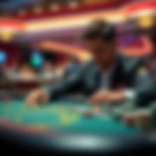 A casino player at a gaming table focusing on small bets with chips in hand, planning for a big win.