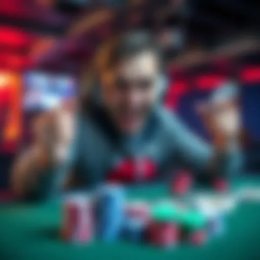 Casino streamer celebrating a win with casino chips and cards on their gaming table