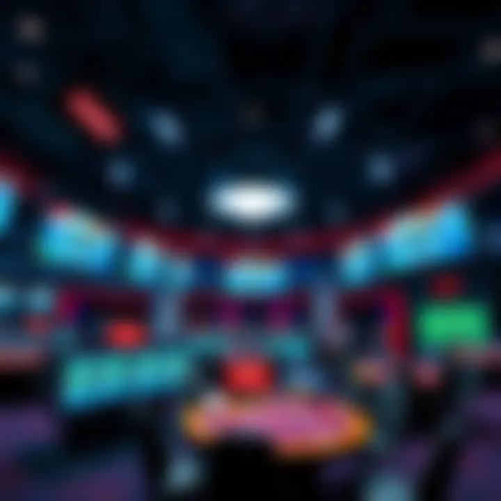 A high-tech surveillance room in a casino with screens showing live game feeds, monitoring players' actions.