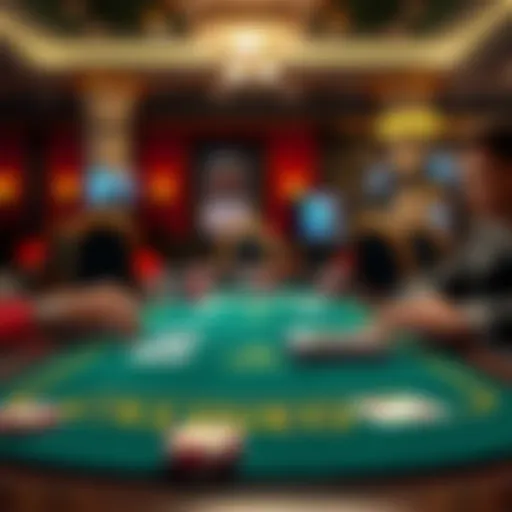 A blackjack table in a casino filled with playing cards, poker chips, and a player contemplating their next move.