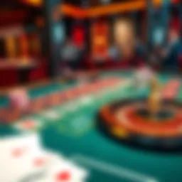 A casino table showcasing blackjack and roulette games, with players enjoying the experience.