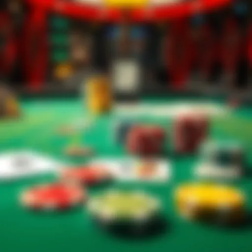 A casino table with colorful chips and cards, illustrating a betting scene.
