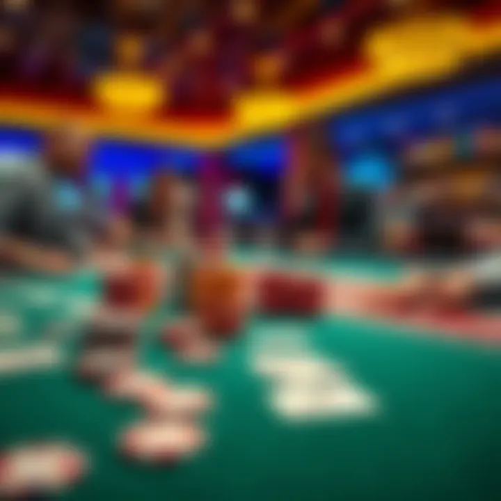 A casino table showing colorful chips and playing cards with players deep in thought about their next move