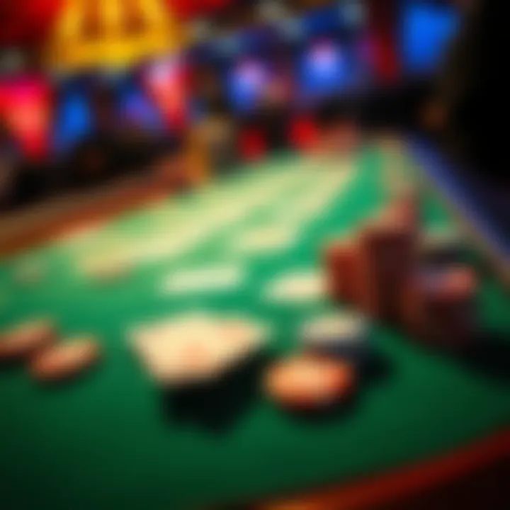 Casino table with chips and cards A close-up view of a casino table displaying colorful chips and playing cards, illustrating the excitement of gambling.