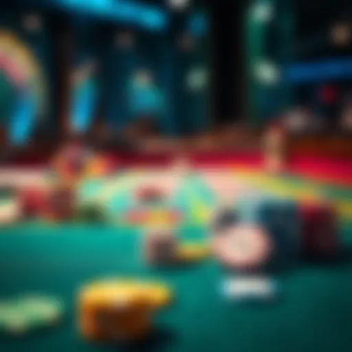 A casino table showing colorful chips and dice, representing a gambling strategy in action.