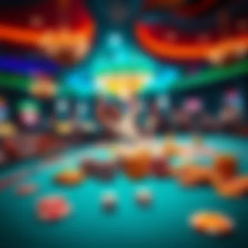 A vibrant casino scene with a player celebrating near a table covered in chips and dice after winning a game.