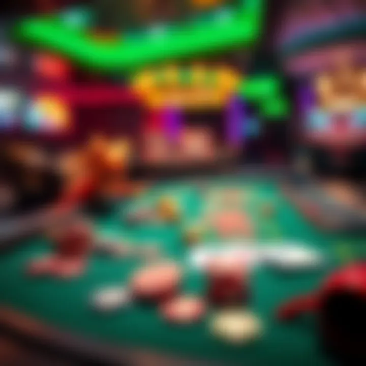 A vibrant casino table showcasing dragon bets with colorful chips and cards, highlighting a winning hand of four points or more.