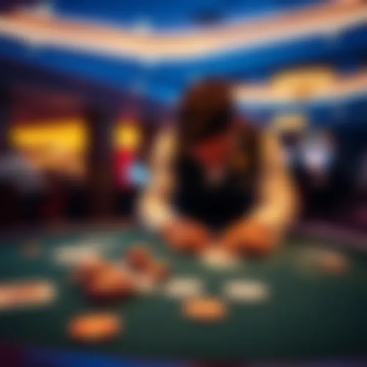 A person carefully observing a casino table before entering, with cards and chips visibly placed on the table, indicating the strategy behind timing their entry.