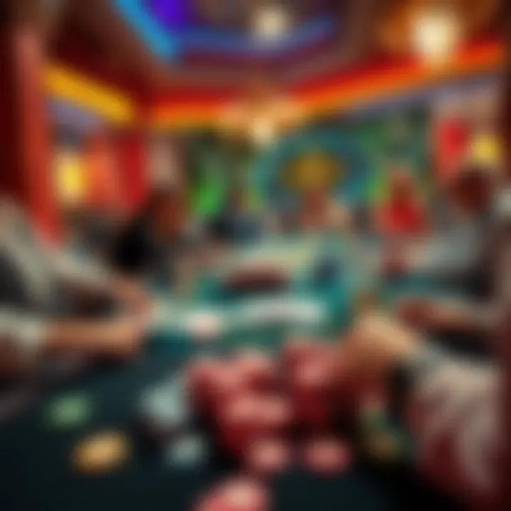 Casino Table Games A lively casino table with players enjoying card games and colorful chips scattered around