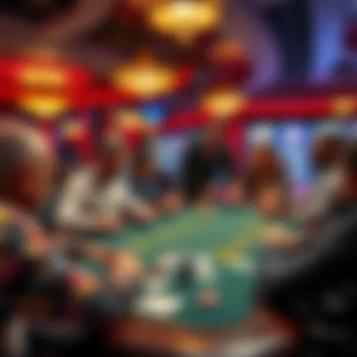 A lively casino table showing players engaged in a card game, with one player appearing focused while others seem relaxed, illustrating how casinos observe player behavior.