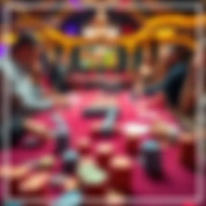 A casino table filled with colorful chips and players engaging in their lucky rituals, showcasing various superstitions around luck and gambling