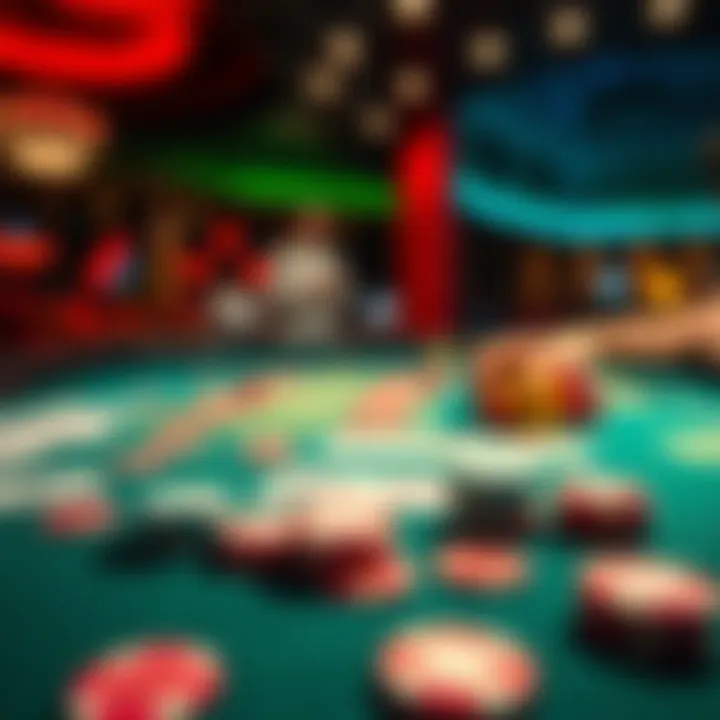 A casino table filled with colorful chips and cards, showing a player strategizing their next move in a gambling game.